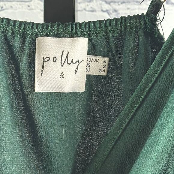 💚 Princess Polly Green Satin Wrap Mini Dress | Ruffle Hem | Size 2 - Picture 5 of 6